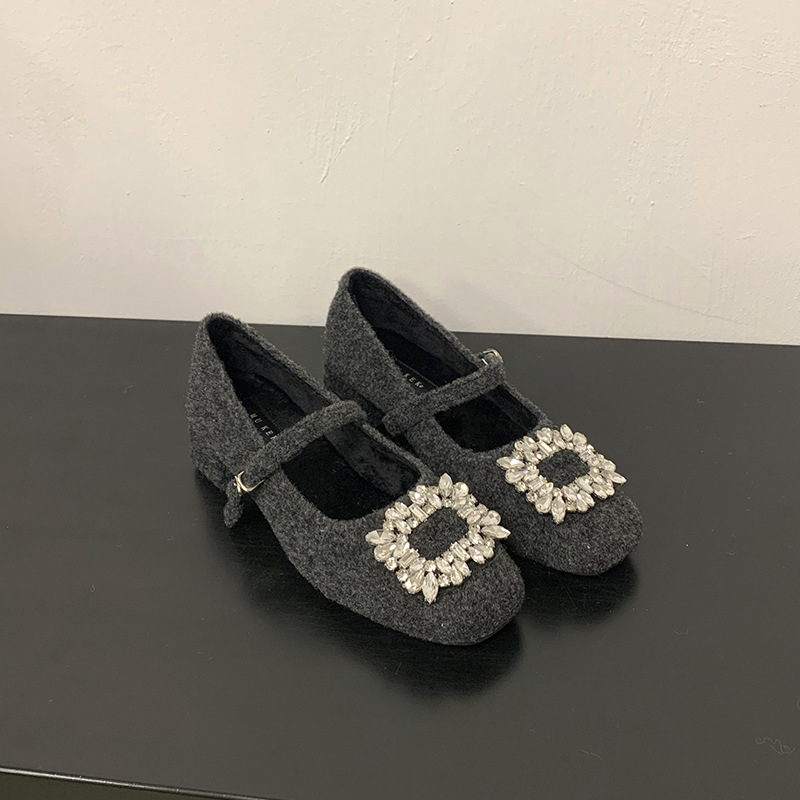 Mary Jane cipele s kvadratnim nosom, vuneni gornji dio, umjetna kratka pliš, debeli pet 3–6 cm