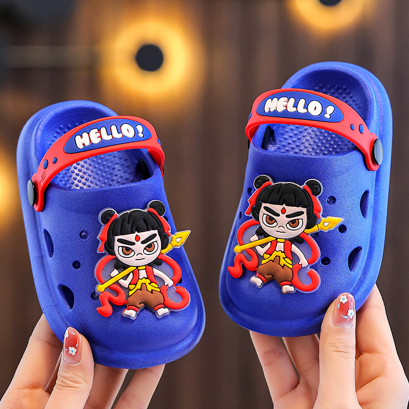 Șlapi de plajă Nezha perforați pentru copii și sugari, unisex, partea superioară din PVC, antiderapante, respirabili, stil desen animat, pentru toate sezoanele