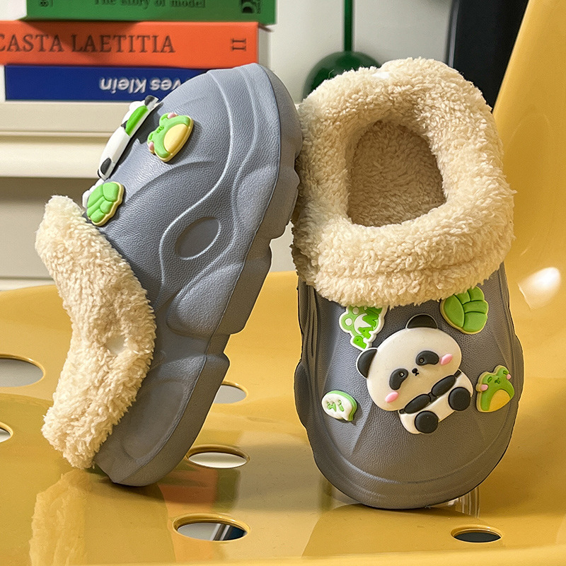 Papuci Crocs pentru copii 1–12 ani, panda design drăguț, căptușeală din pluș cald, purtare de interior în iarnă