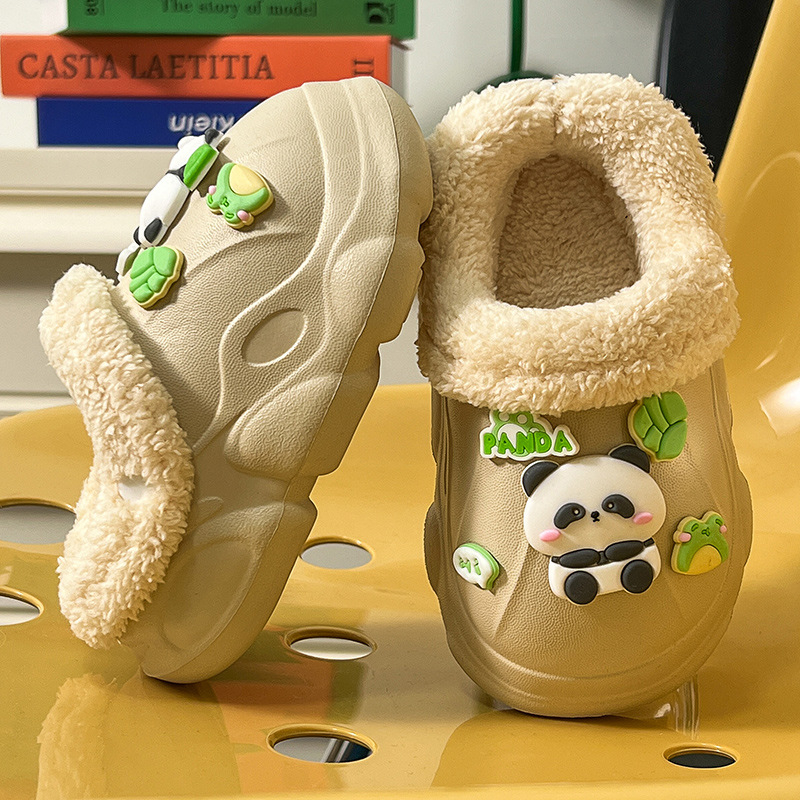 Papuci Crocs pentru copii 1–12 ani, panda design drăguț, căptușeală din pluș cald, purtare de interior în iarnă