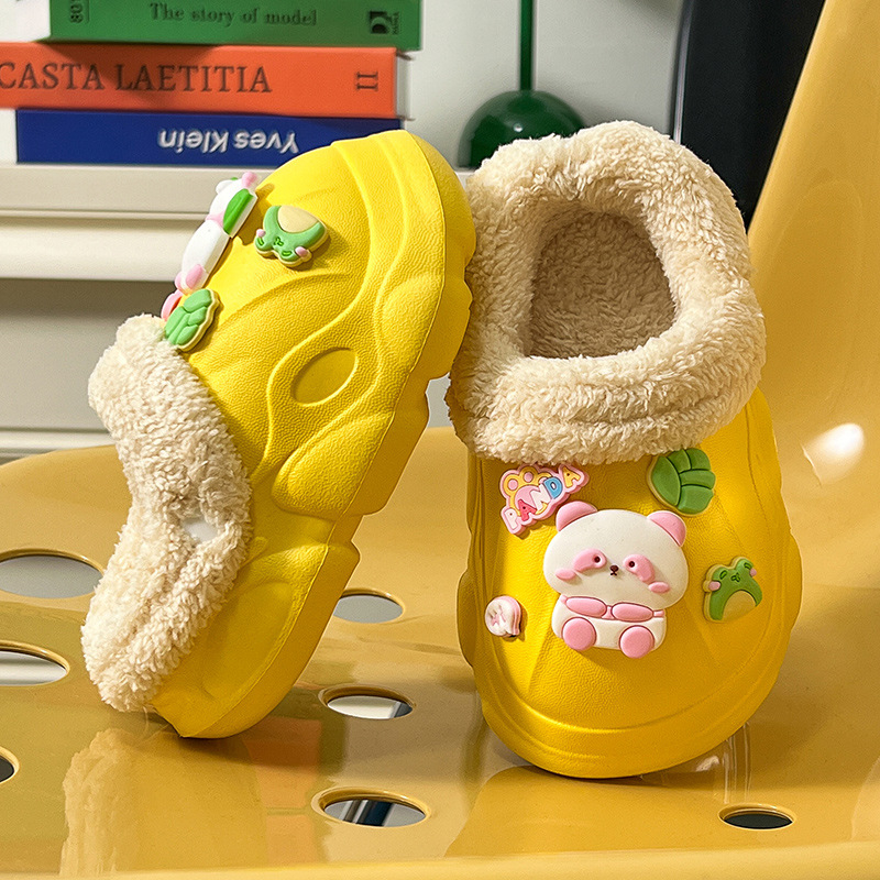 Papuci Crocs pentru copii 1–12 ani, panda design drăguț, căptușeală din pluș cald, purtare de interior în iarnă