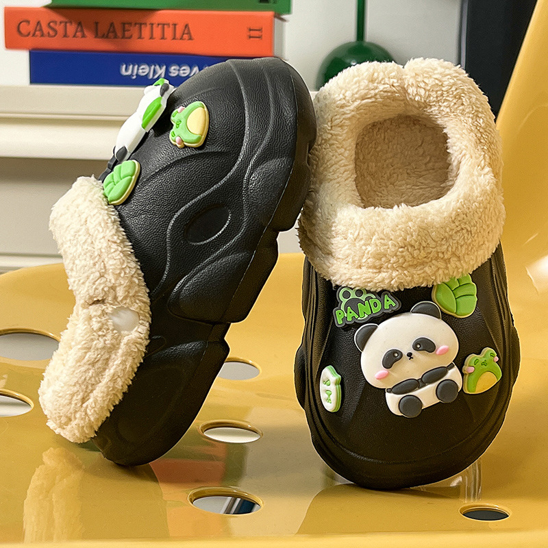 Papuci Crocs pentru copii 1–12 ani, panda design drăguț, căptușeală din pluș cald, purtare de interior în iarnă