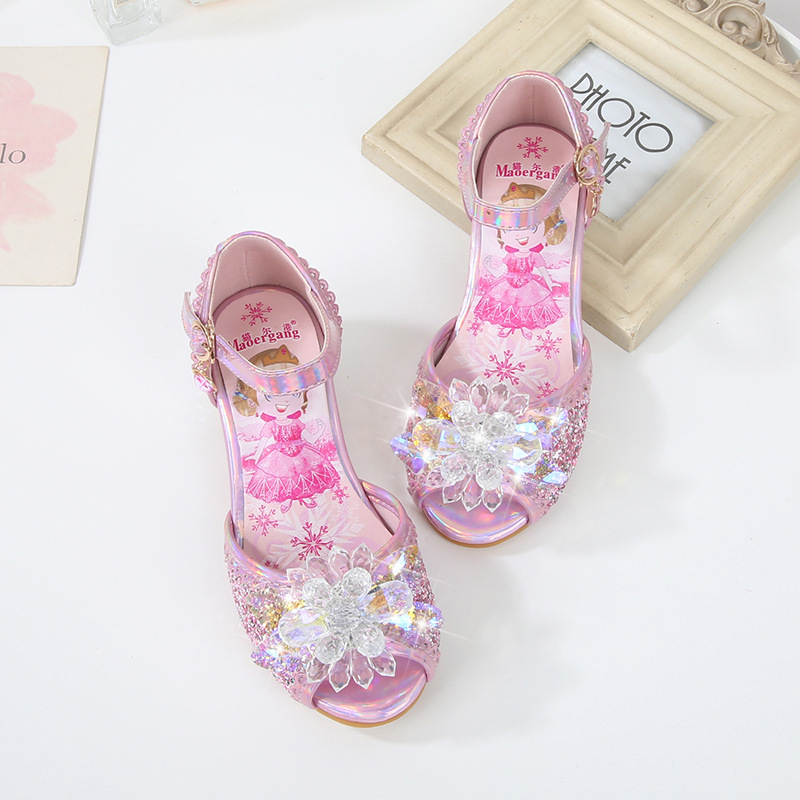 Mergaitei kristalų rhinestone sandalai su sagtimi, viršus iš dirbtinės odos, karikatūros raštas, vasaros paplūdimių bateliai 2024