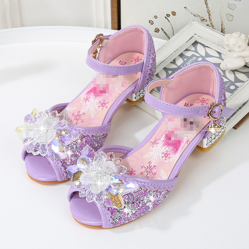 Mergaitei kristalų rhinestone sandalai su sagtimi, viršus iš dirbtinės odos, karikatūros raštas, vasaros paplūdimių bateliai 2024