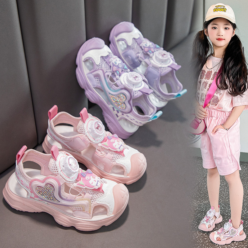 Mergaitėms sportiniai sandalai – kvėpuojanti tinklinė viršutinė dalis, PU konstrukcija, natūralios gumos padai, reguliuojama sagtis, karikatūrų dizainas