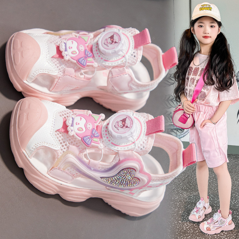 Mergaitėms sportiniai sandalai – kvėpuojanti tinklinė viršutinė dalis, PU konstrukcija, natūralios gumos padai, reguliuojama sagtis, karikatūrų dizainas