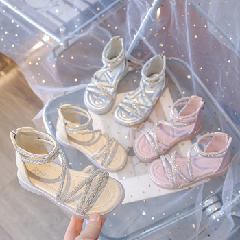 Mergaaitėms romos sandalai, viršutinė dalis iš dirbtinės odos, tinklelio raštas, gumos padas, nugarinis užtrauktukas, laisvalaikio stilius, 4–16 metų, Vasaros 2025