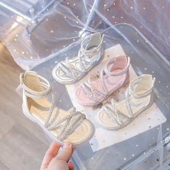 Mergaaitėms romos sandalai, viršutinė dalis iš dirbtinės odos, tinklelio raštas, gumos padas, nugarinis užtrauktukas, laisvalaikio stilius, 4–16 metų, Vasaros 2025