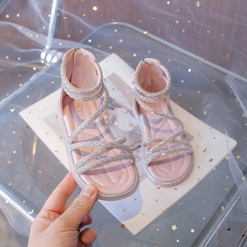 Mergaaitėms romos sandalai, viršutinė dalis iš dirbtinės odos, tinklelio raštas, gumos padas, nugarinis užtrauktukas, laisvalaikio stilius, 4–16 metų, Vasaros 2025