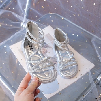 Mergaaitėms romos sandalai, viršutinė dalis iš dirbtinės odos, tinklelio raštas, gumos padas, nugarinis užtrauktukas, laisvalaikio stilius, 4–16 metų, Vasaros 2025