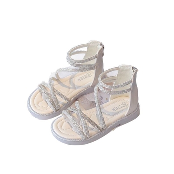 Mergaaitėms romos sandalai, viršutinė dalis iš dirbtinės odos, tinklelio raštas, gumos padas, nugarinis užtrauktukas, laisvalaikio stilius, 4–16 metų, Vasaros 2025