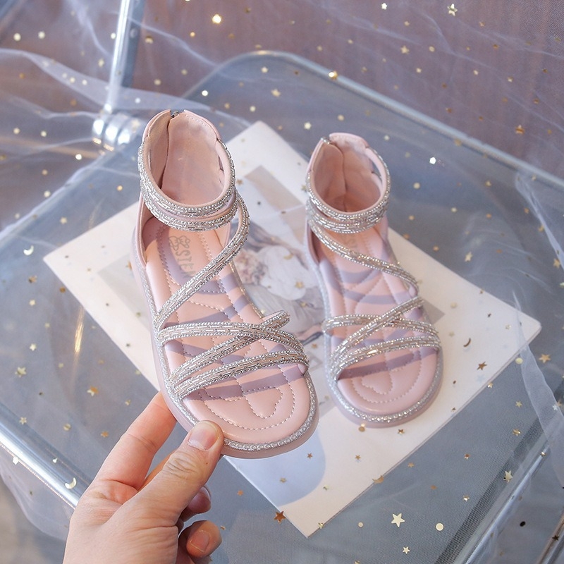 Mergaaitėms romos sandalai, viršutinė dalis iš dirbtinės odos, tinklelio raštas, gumos padas, nugarinis užtrauktukas, laisvalaikio stilius, 4–16 metų, Vasaros 2025