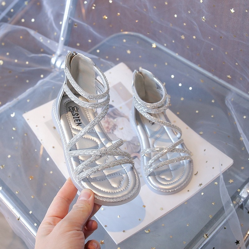 Mergaaitėms romos sandalai, viršutinė dalis iš dirbtinės odos, tinklelio raštas, gumos padas, nugarinis užtrauktukas, laisvalaikio stilius, 4–16 metų, Vasaros 2025