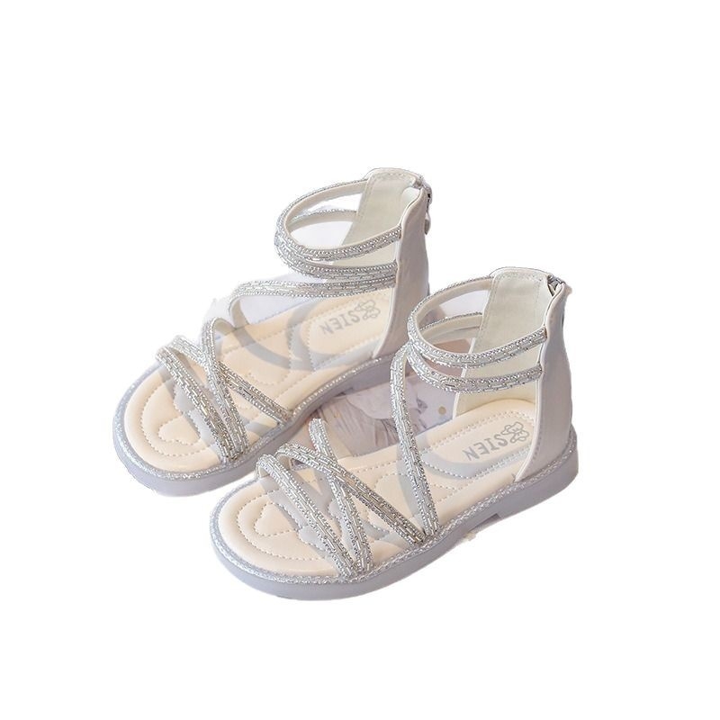 Mergaaitėms romos sandalai, viršutinė dalis iš dirbtinės odos, tinklelio raštas, gumos padas, nugarinis užtrauktukas, laisvalaikio stilius, 4–16 metų, Vasaros 2025