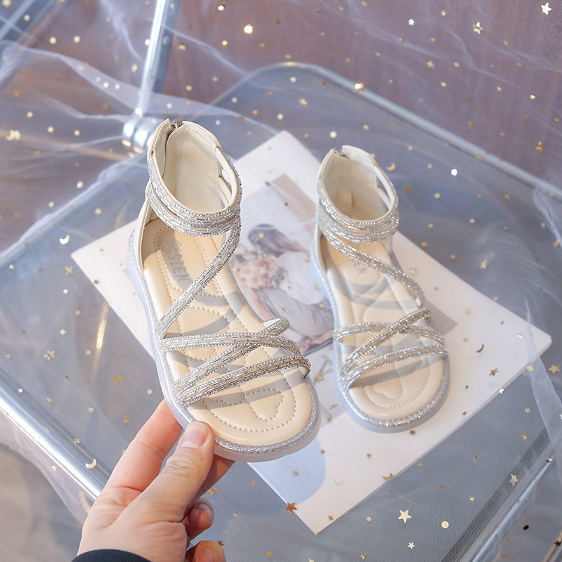 Mergaaitėms romos sandalai, viršutinė dalis iš dirbtinės odos, tinklelio raštas, gumos padas, nugarinis užtrauktukas, laisvalaikio stilius, 4–16 metų, Vasaros 2025