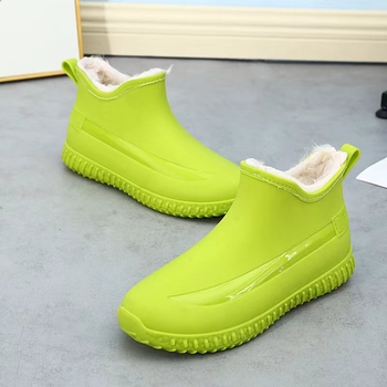 Cizme de ploaie pentru femei, iarnă, cu căptușeală pufoasă, partea superioară PVC, gambă scurtă, toc plat, talpă antiderapantă