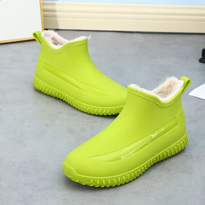 Cizme de ploaie pentru femei, iarnă, cu căptușeală pufoasă, partea superioară PVC, gambă scurtă, toc plat, talpă antiderapantă
