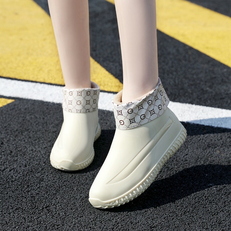 Cizme de ploaie pentru femei, iarnă, cu căptușeală pufoasă, partea superioară PVC, gambă scurtă, toc plat, talpă antiderapantă