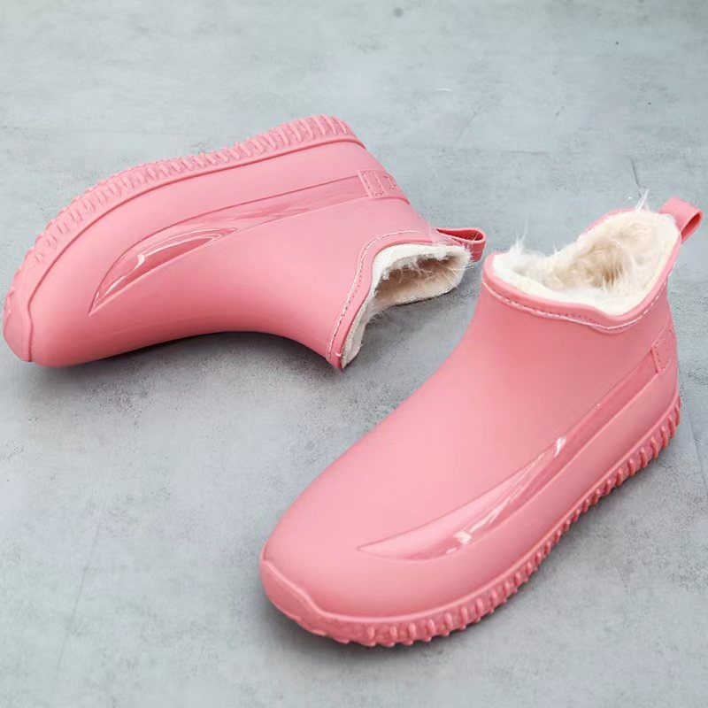 Cizme de ploaie pentru femei, iarnă, cu căptușeală pufoasă, partea superioară PVC, gambă scurtă, toc plat, talpă antiderapantă