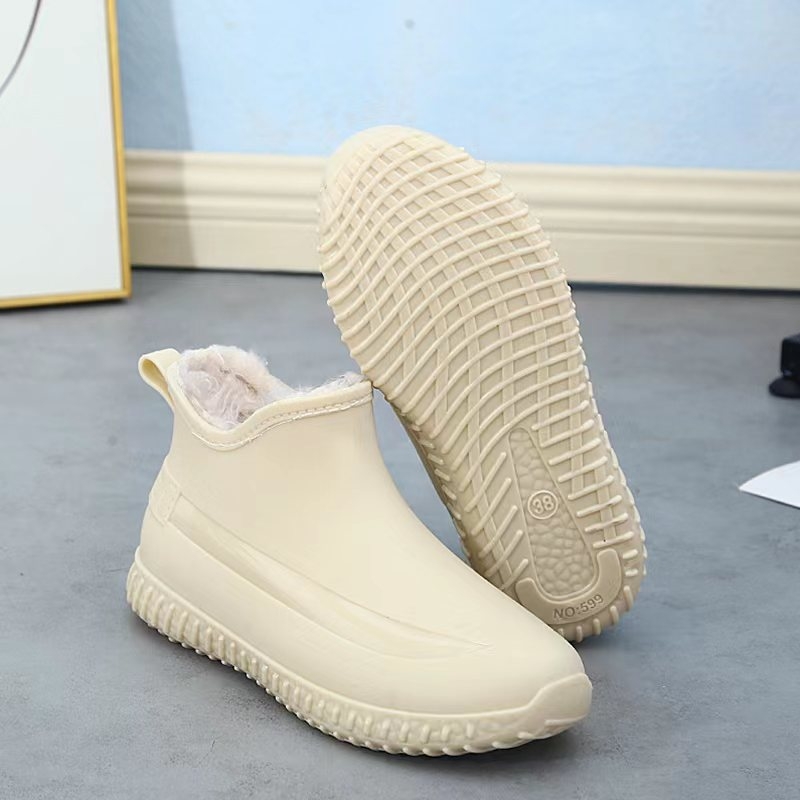 Cizme de ploaie pentru femei, iarnă, cu căptușeală pufoasă, partea superioară PVC, gambă scurtă, toc plat, talpă antiderapantă