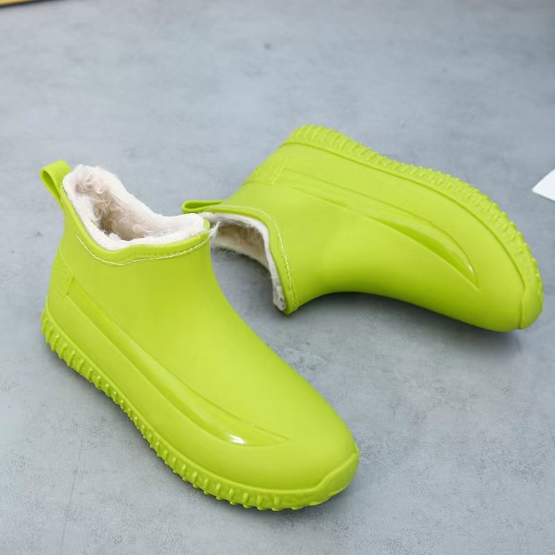 Cizme de ploaie pentru femei, iarnă, cu căptușeală pufoasă, partea superioară PVC, gambă scurtă, toc plat, talpă antiderapantă