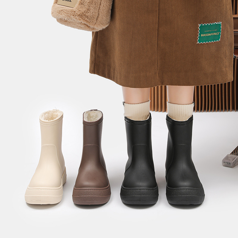 Ženske čizme za kišu srednje visine, vodootporne, protuklizne, s fleece podstavom, PVC gornji dio, niski pet 1–3 cm