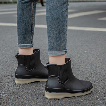 Cizme de ploaie pentru femei, exterior PVC, gambă scurtă, talpă groasă, toc plat, impermeabile