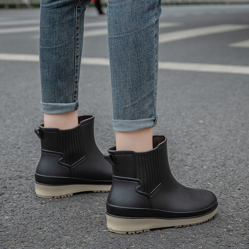 Cizme de ploaie pentru femei, exterior PVC, gambă scurtă, talpă groasă, toc plat, impermeabile