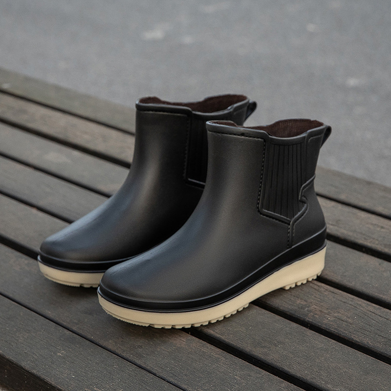 Cizme de ploaie pentru femei, exterior PVC, gambă scurtă, talpă groasă, toc plat, impermeabile