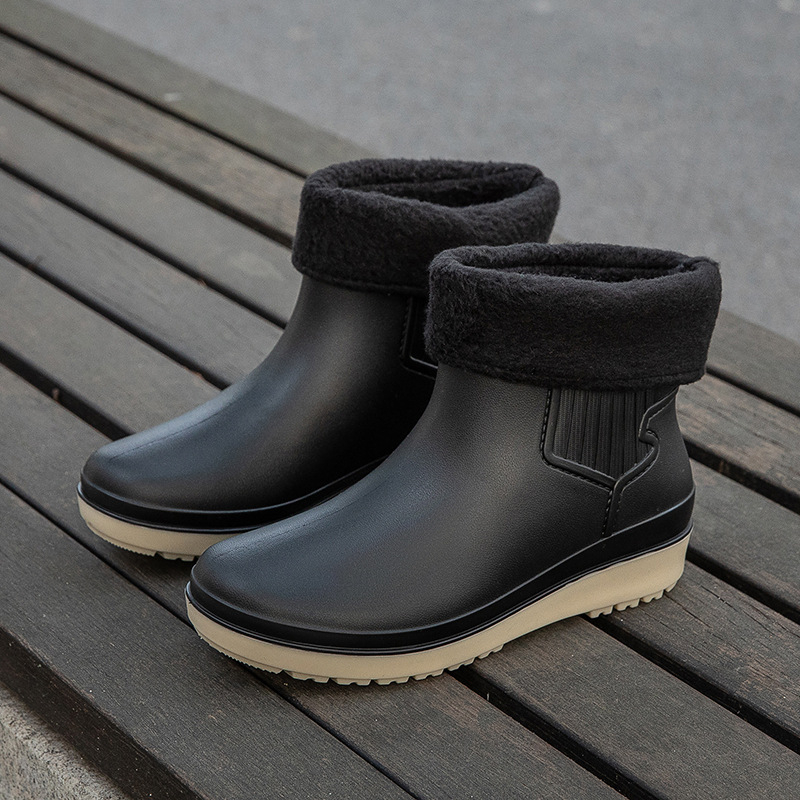 Cizme de ploaie pentru femei, exterior PVC, gambă scurtă, talpă groasă, toc plat, impermeabile