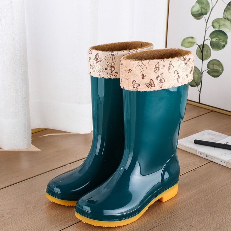 Cizme de ploaie pentru femei, înălțime peste gleznă, partea superioară din bumbac gros, impermeabile