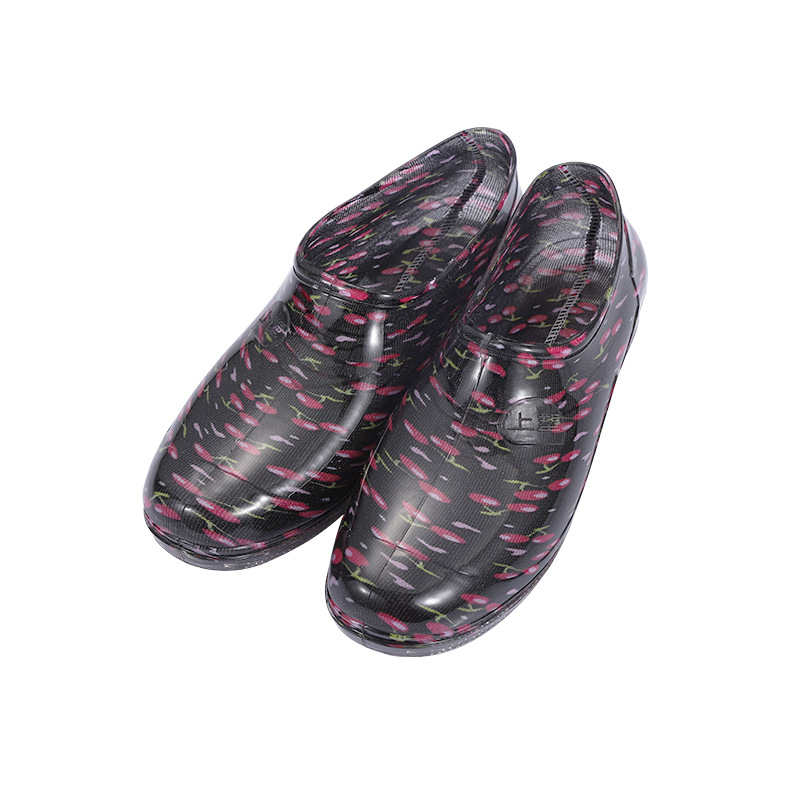 Cizme de ploaie pentru femei, din PVC, gambă joasă, model floral, toc plat