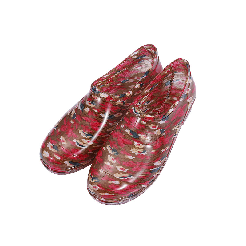 Cizme de ploaie pentru femei, din PVC, gambă joasă, model floral, toc plat