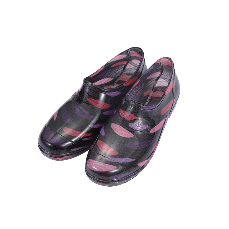 Cizme de ploaie pentru femei, din PVC, gambă joasă, model floral, toc plat