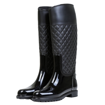 Cizme de ploaie pentru femei, înalte, cu model pătrat în carouri diamantate, partea superioară din PVC, toc mediu 3-5 cm, potrivite pentru patru sezoane