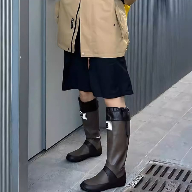 Cizme de ploaie pentru femei cu model color-block, tibie înaltă, partea superioară din piele sintetică, toc plat, potrivite pentru toamnă și iarnă