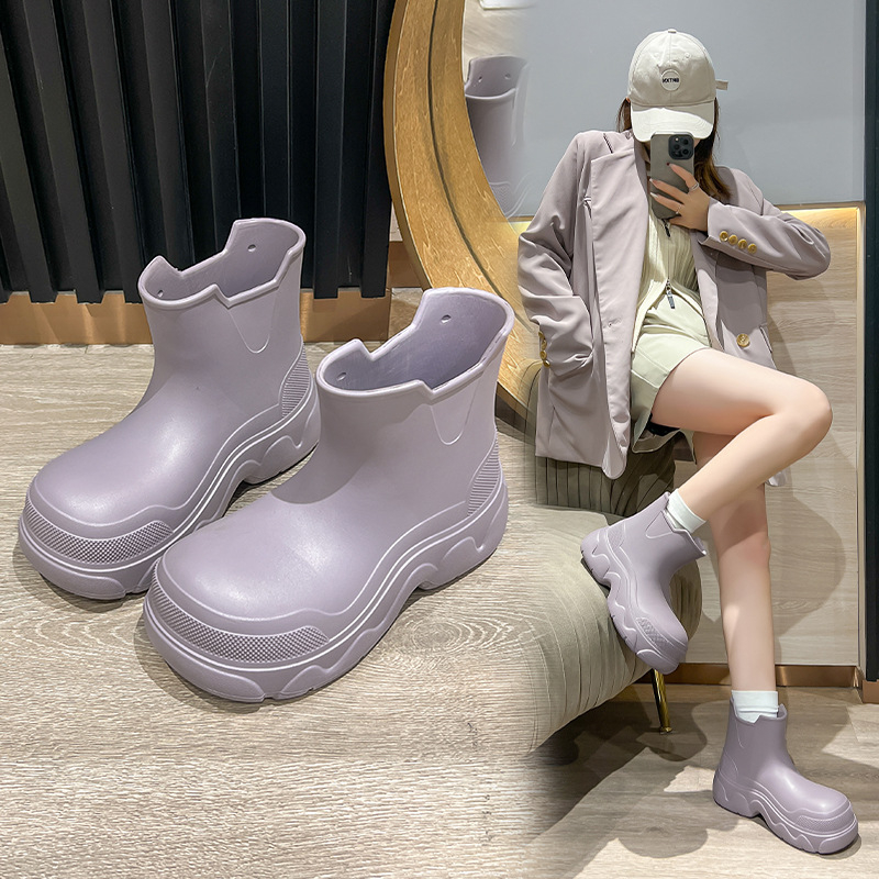 Ghete de ploaie pentru femei, talpă groasă, impermeabile și antiderapante, partea superioară EVA, design slip-on, 3–5 cm toc, pentru purtare zilnică