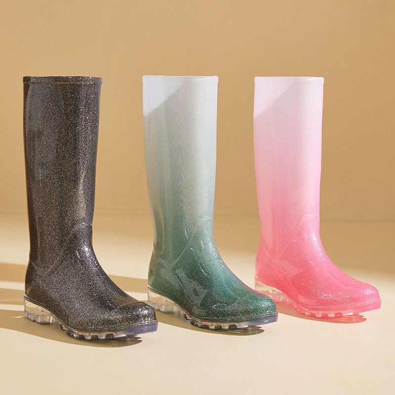 Ženske visoke PVC čizme za kišu, blok uzorak, slip-on, niski pet 1–3 cm, vodootporne, za sva godišnja doba