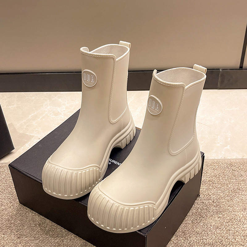Cizme de ploaie pentru femei, înălțime medie, impermeabile, căptușite cu fleece, toc mic, PVC partea superioară