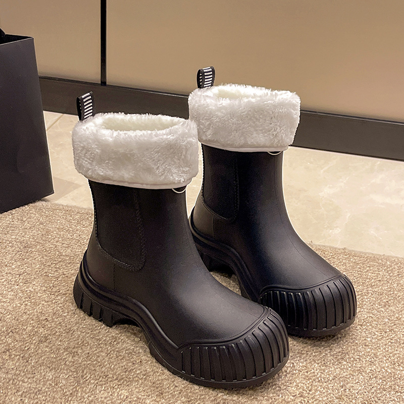 Cizme de ploaie pentru femei, înălțime medie, impermeabile, căptușite cu fleece, toc mic, PVC partea superioară