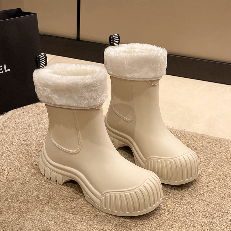 Cizme de ploaie pentru femei, înălțime medie, impermeabile, căptușite cu fleece, toc mic, PVC partea superioară