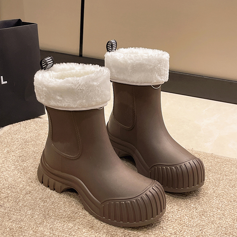 Cizme de ploaie pentru femei, înălțime medie, impermeabile, căptușite cu fleece, toc mic, PVC partea superioară