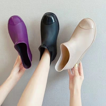 Cizme de ploaie pentru femei, gambă joasă, exterior PVC, căptușeală din bumbac detașabilă, toc mic 1–3 cm, stil coreean