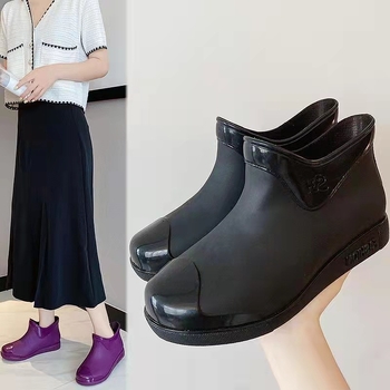 Cizme de ploaie pentru femei, gambă joasă, exterior PVC, căptușeală din bumbac detașabilă, toc mic 1–3 cm, stil coreean