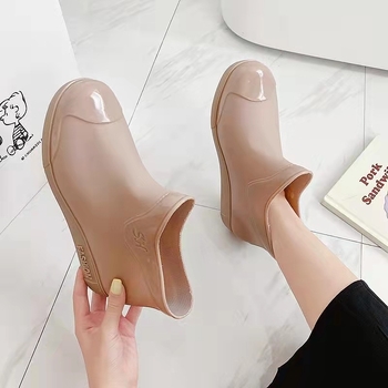 Cizme de ploaie pentru femei, gambă joasă, exterior PVC, căptușeală din bumbac detașabilă, toc mic 1–3 cm, stil coreean