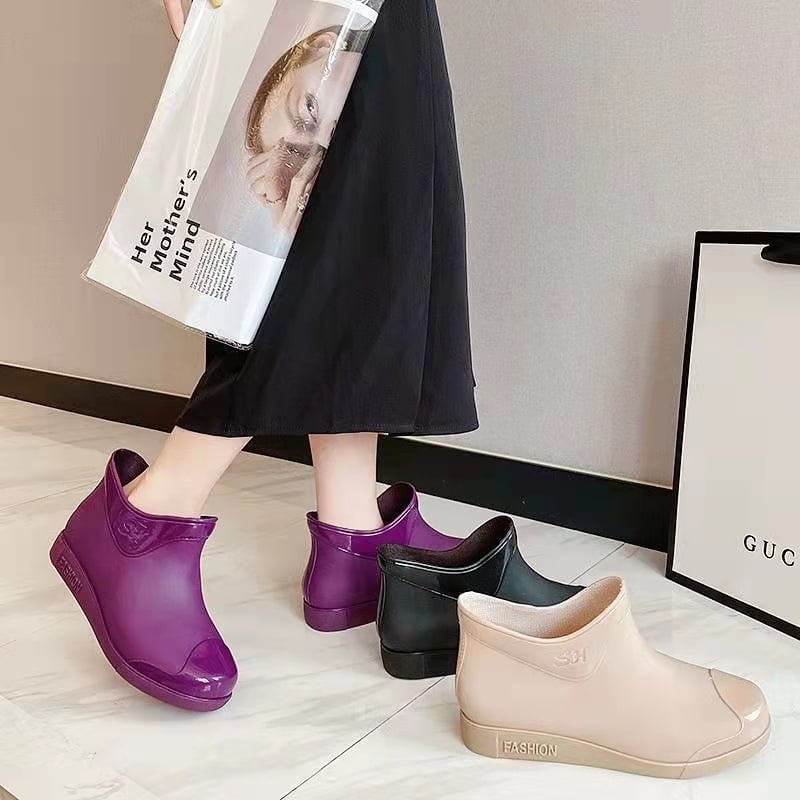 Cizme de ploaie pentru femei, gambă joasă, exterior PVC, căptușeală din bumbac detașabilă, toc mic 1–3 cm, stil coreean