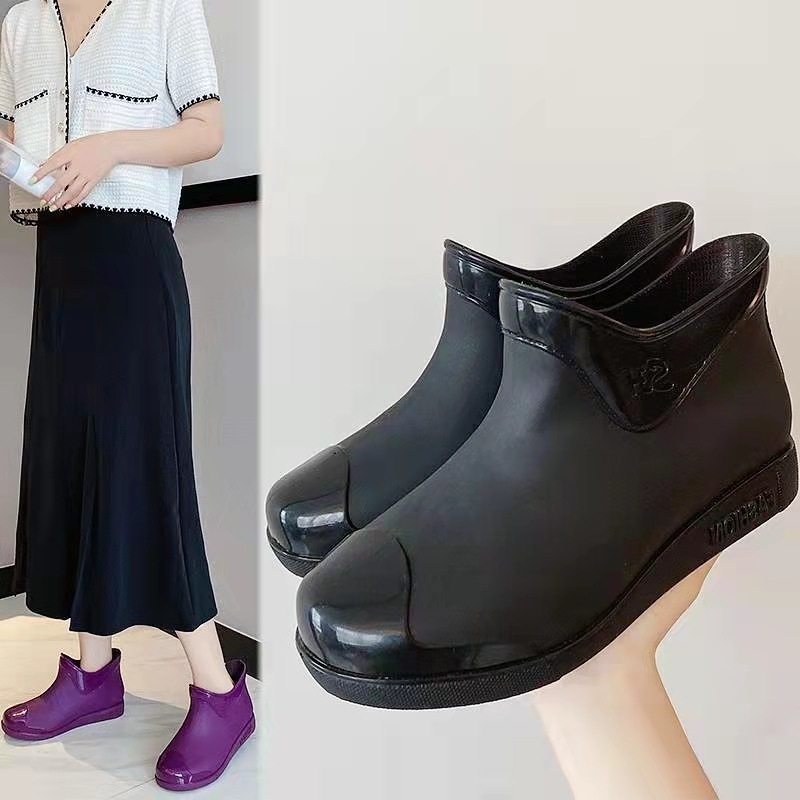 Cizme de ploaie pentru femei, gambă joasă, exterior PVC, căptușeală din bumbac detașabilă, toc mic 1–3 cm, stil coreean