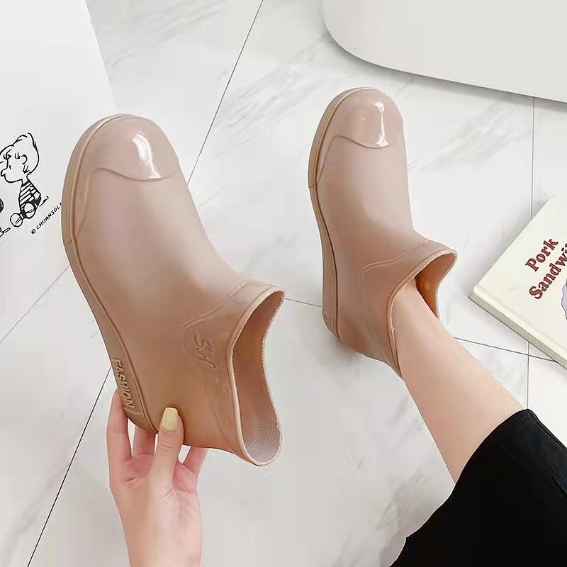 Cizme de ploaie pentru femei, gambă joasă, exterior PVC, căptușeală din bumbac detașabilă, toc mic 1–3 cm, stil coreean