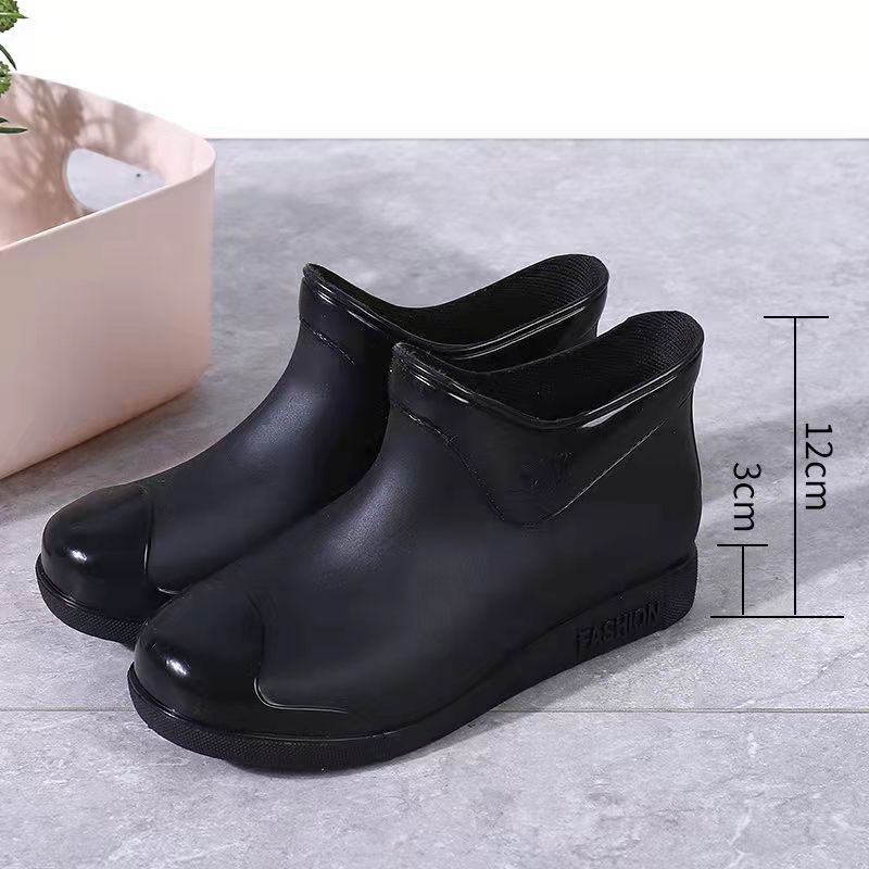 Cizme de ploaie pentru femei, gambă joasă, exterior PVC, căptușeală din bumbac detașabilă, toc mic 1–3 cm, stil coreean