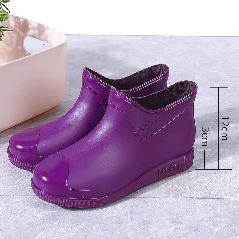 Cizme de ploaie pentru femei, gambă joasă, exterior PVC, căptușeală din bumbac detașabilă, toc mic 1–3 cm, stil coreean